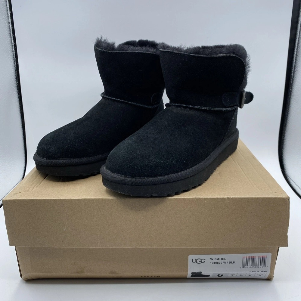 NEW UGG Karel Shearling Cuff Ankle Boots Womens 6 Black Suede 1019639